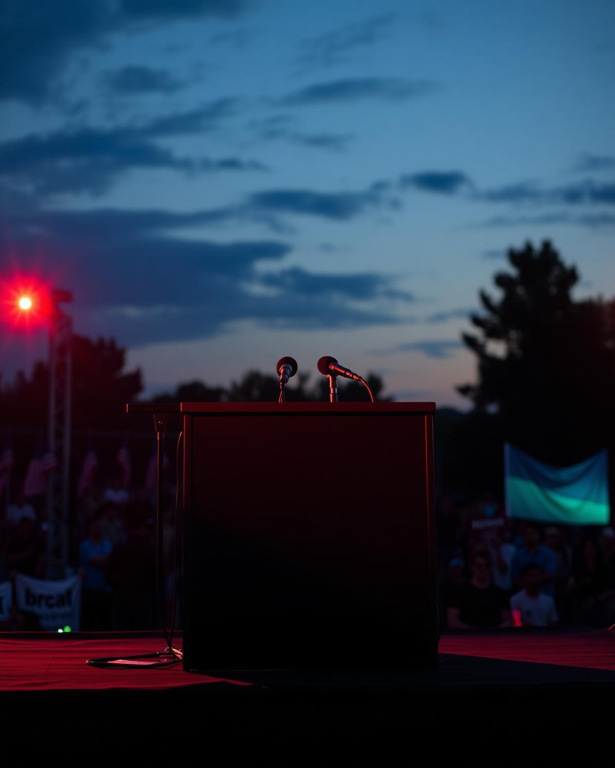 Empty rally stage podium at dusk under red and blue lighting.