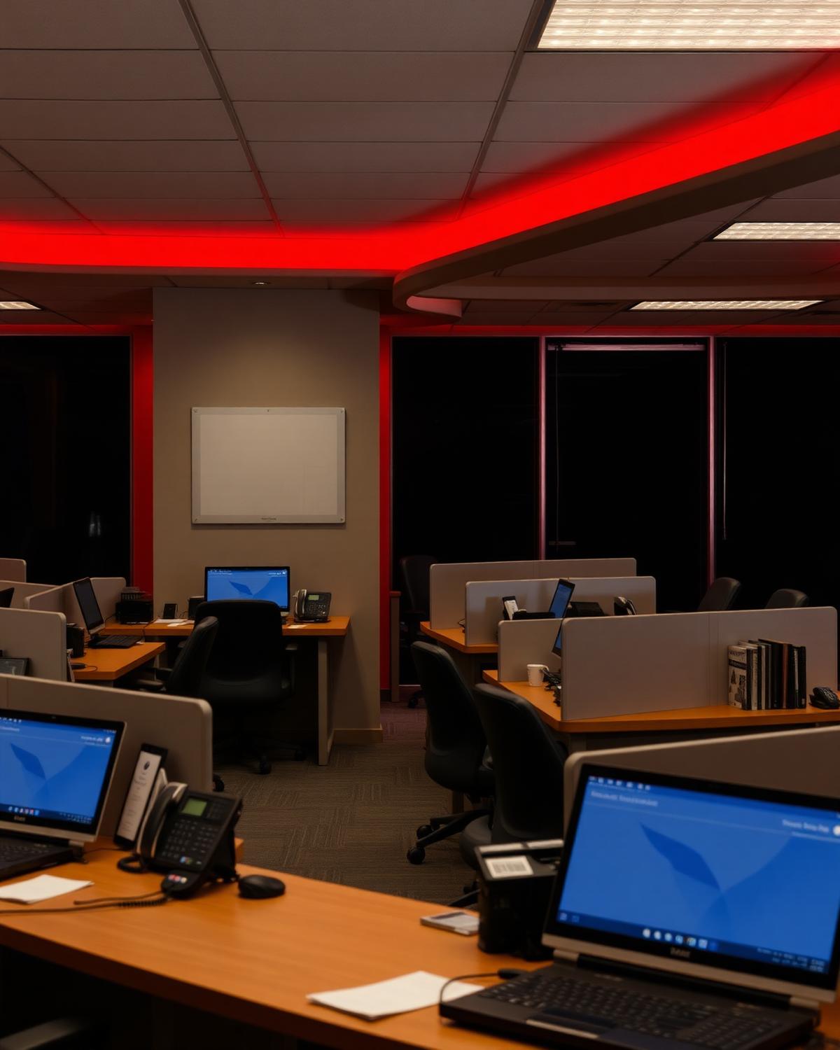 Campaign field office desks at night lit with red accent light.
