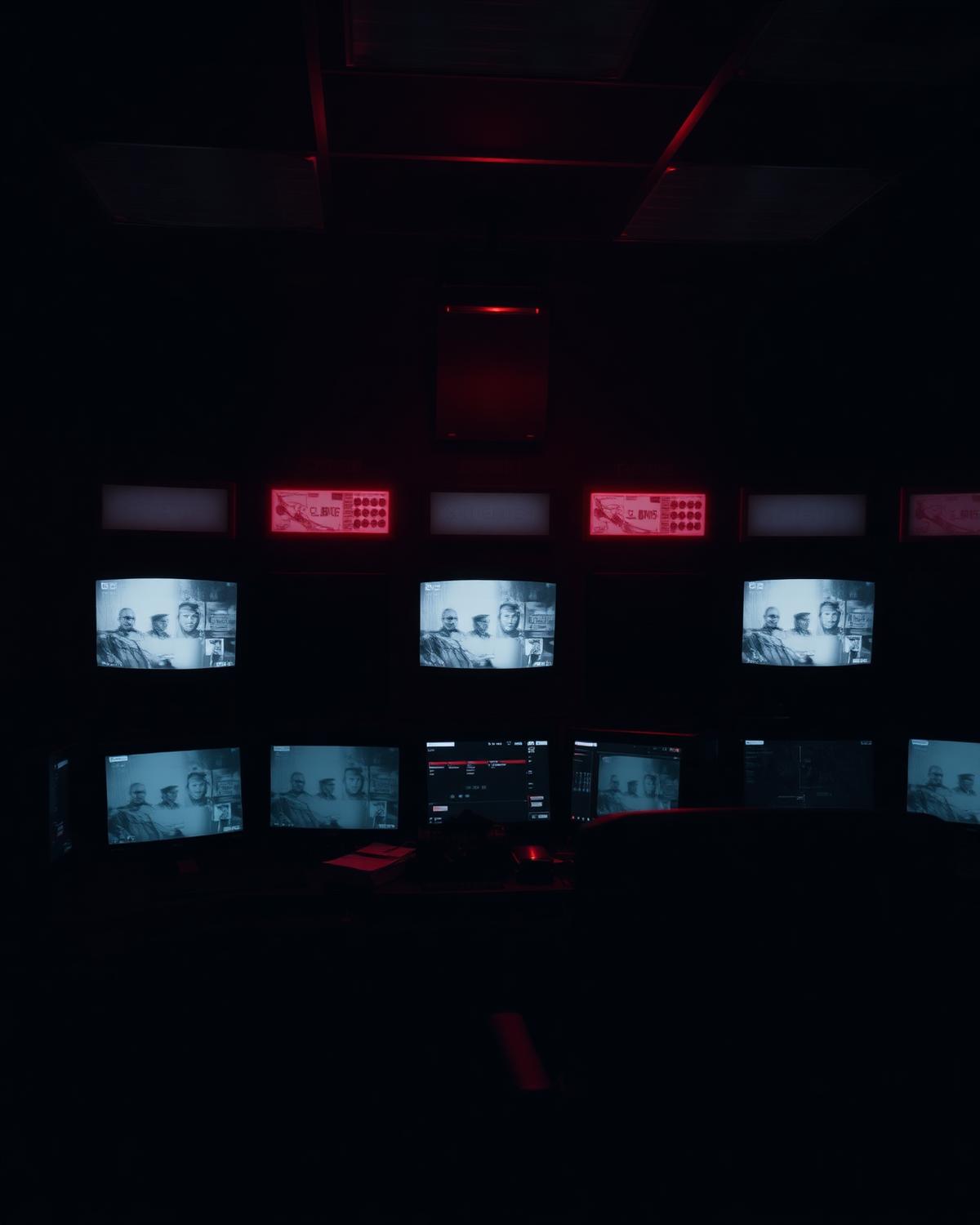 Broadcast control room with glowing monitors in the dark.