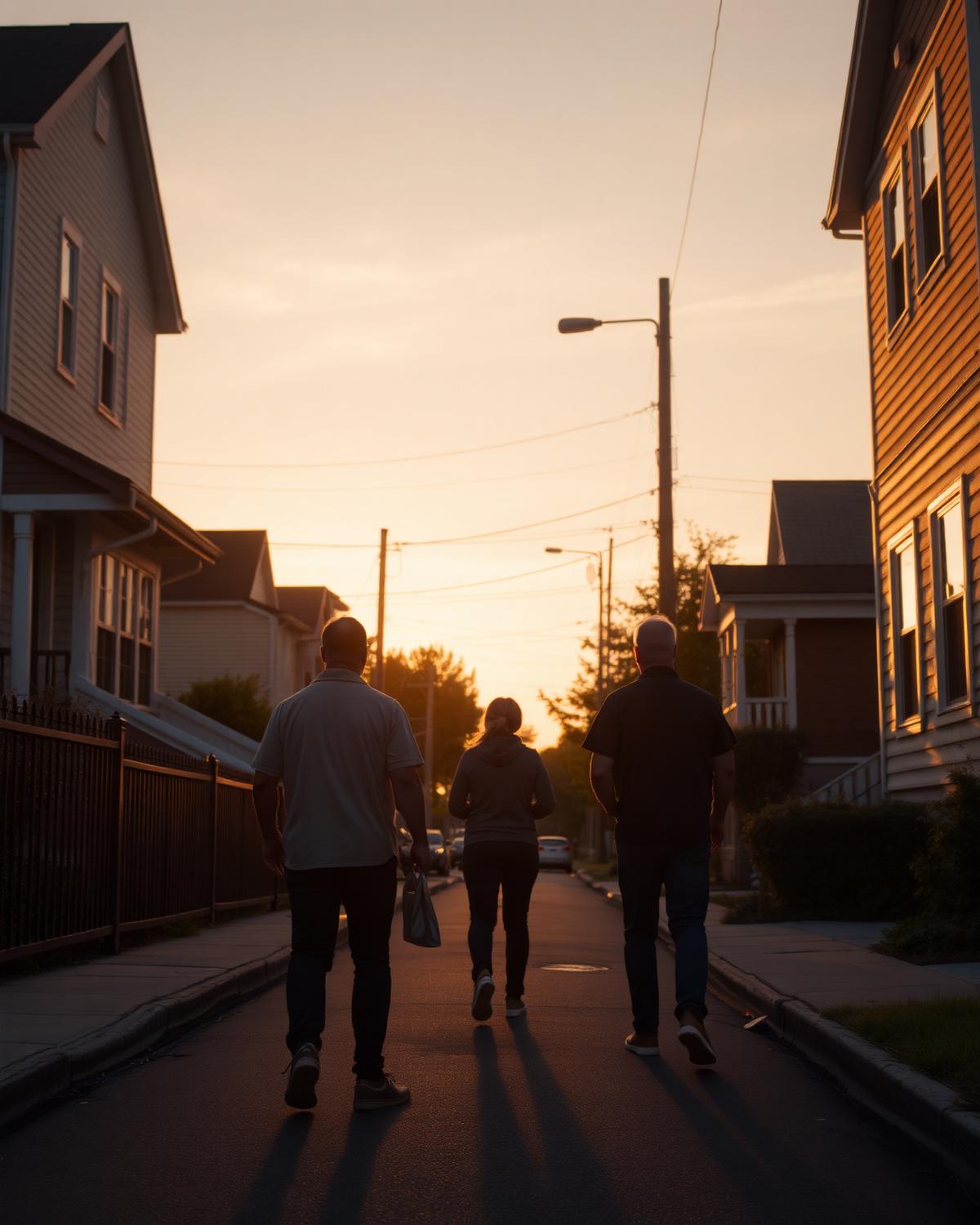 Canvassers walking a neighborhood street at golden hour.