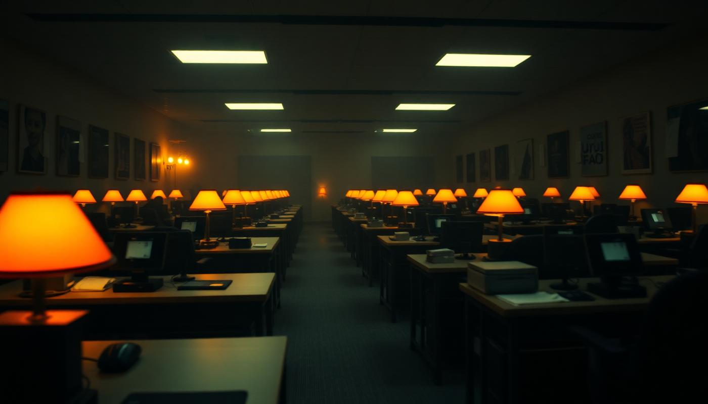 Campaign phone bank room at night lit by warm desk lamps.