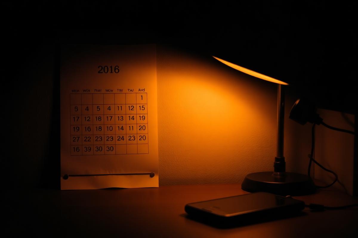 Calendar page and a phone on a desk under a single warm lamp.