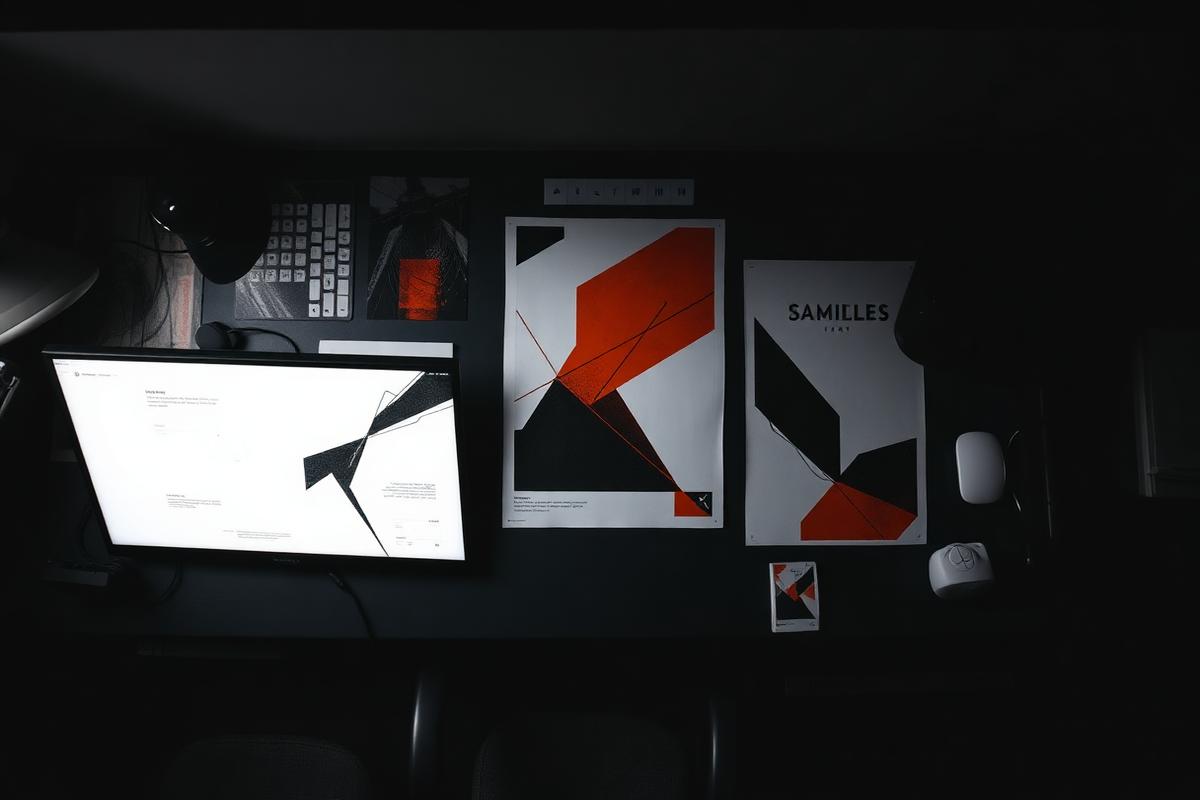 Overhead view of a designer workstation with abstract poster layouts.