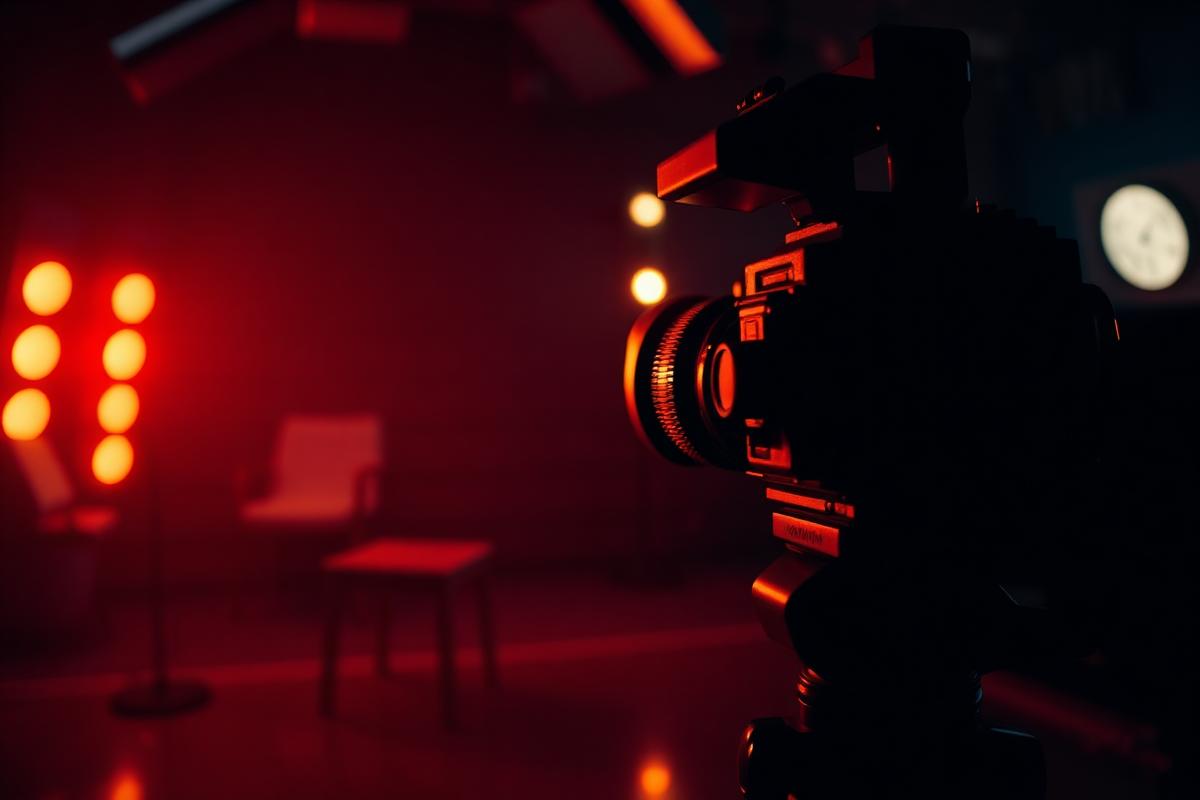 Television studio camera pointed at a lit interview chair in a dark room.