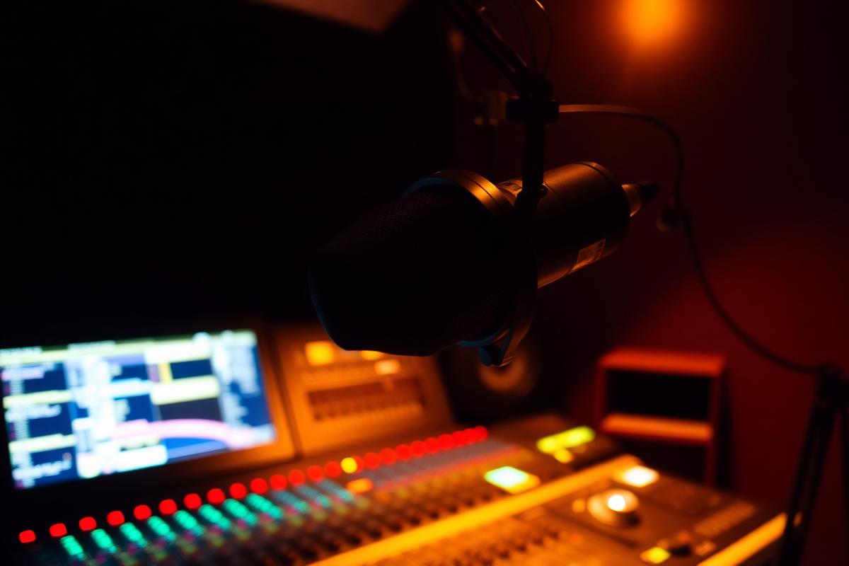Broadcast microphone above a mixing console in a radio booth.