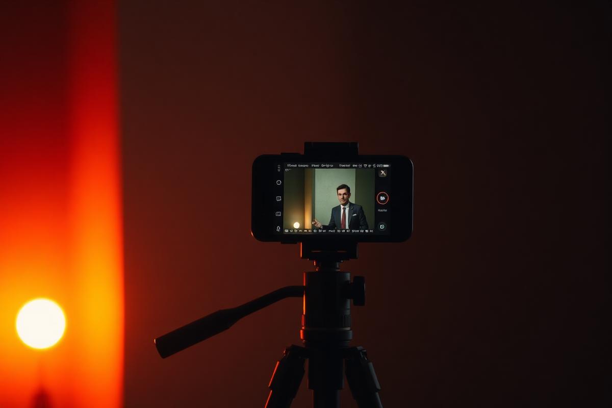 Smartphone on a tripod filming a short vertical video in a dim room.