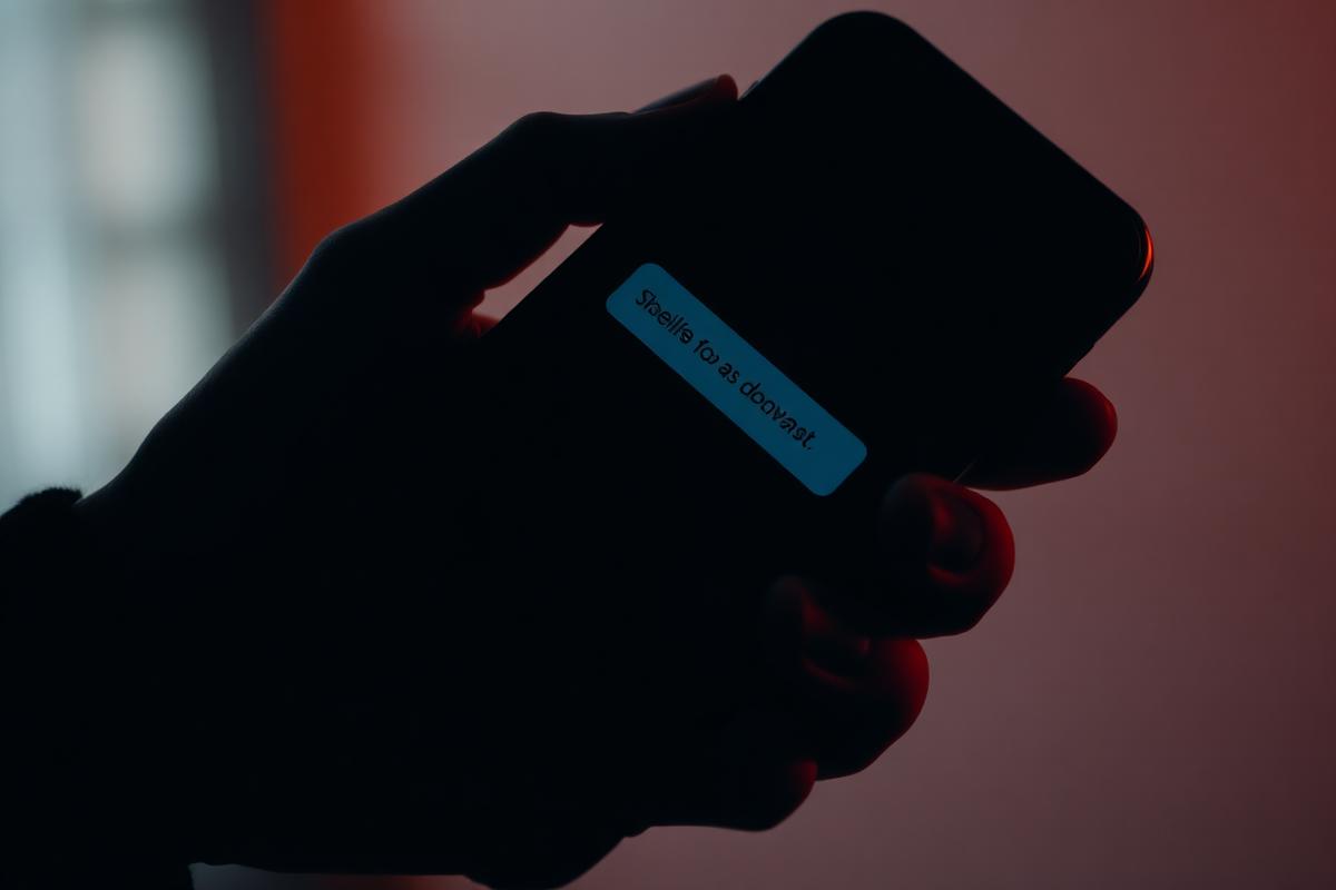 Hand holding a smartphone showing a message thread, lit in warm orange.
